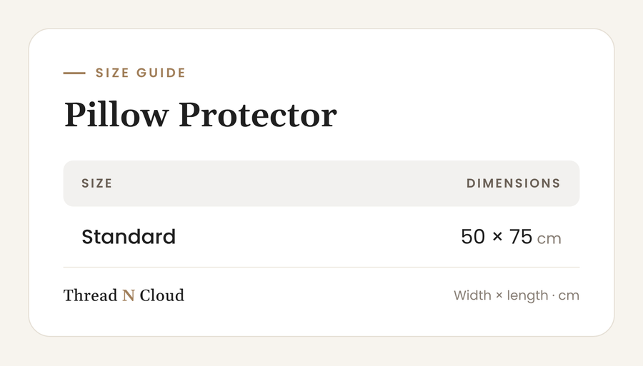 Pillow protector size chart: Standard 50x75 cm